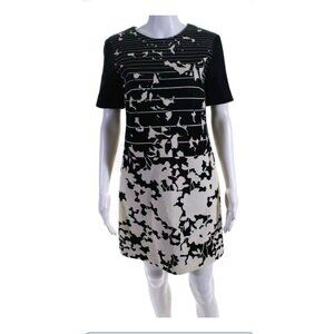 4 Collective Black Cream Abstract Print Shift Dress Size 4 SL Back Zipper NWT